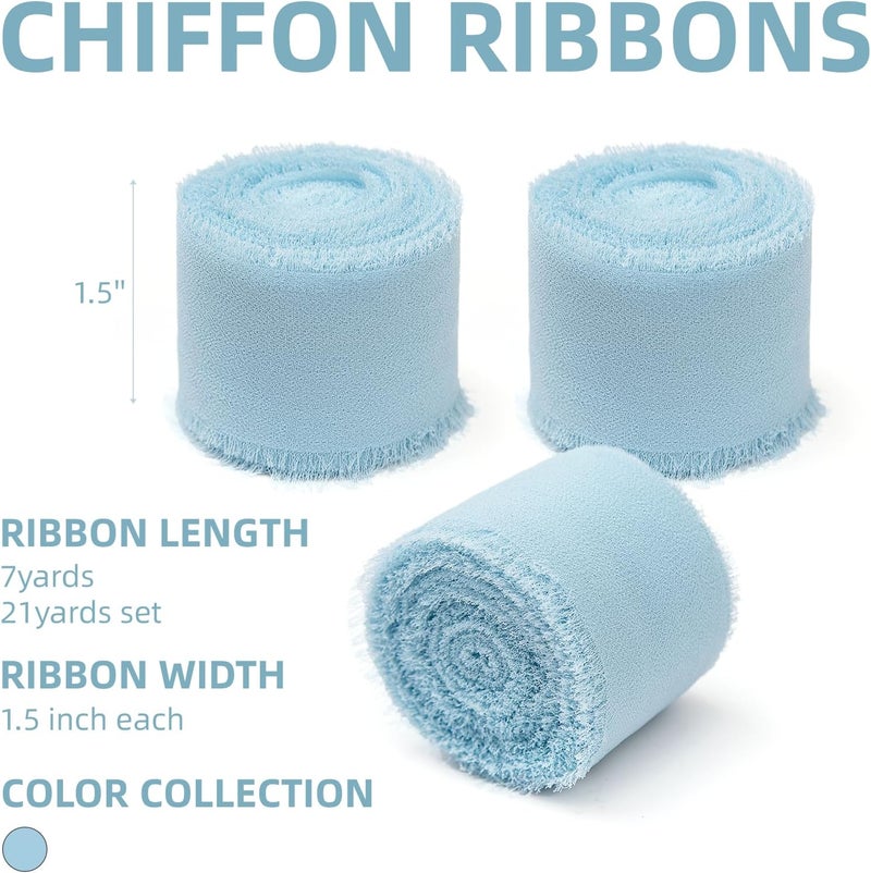 KEOSREE 3 Rolls Light Blue Handmade Chiffon Ribbon,1.5" x 21Yd Frayed Fringe Silk Ribbons (3 Rolls *7Yd) for Gifts Wrapping, Wedding Invitations, Bridal Bouquets, Decorations - Image 2